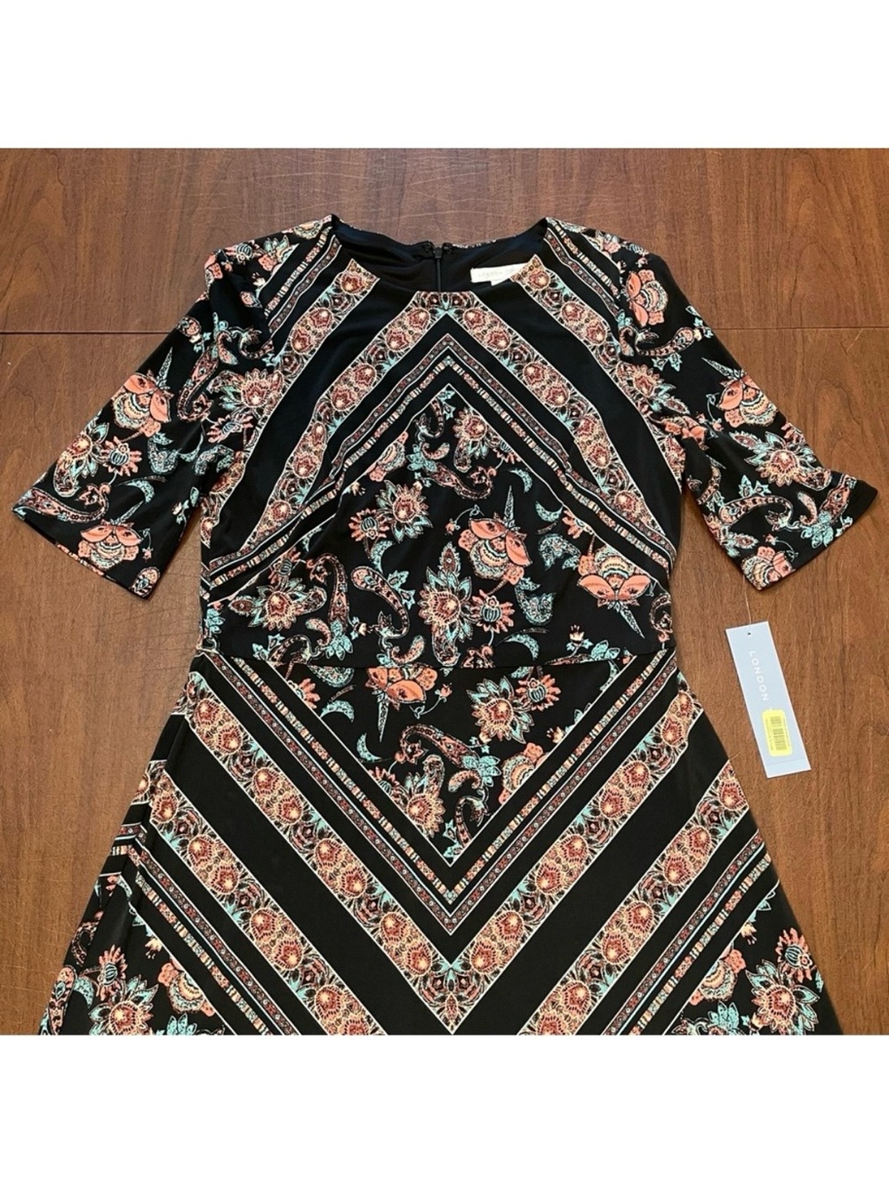 London Times NWT Women’s Black Floral Midi Elbow Sleeves Back Zipper Dress 6 - Picture 2 of 9